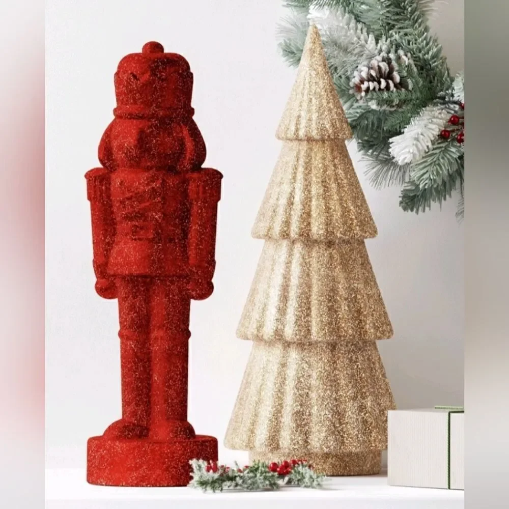 Set of 2 Red Glittered Christmas Decorative Nutcrackers, 11.5 in H, New